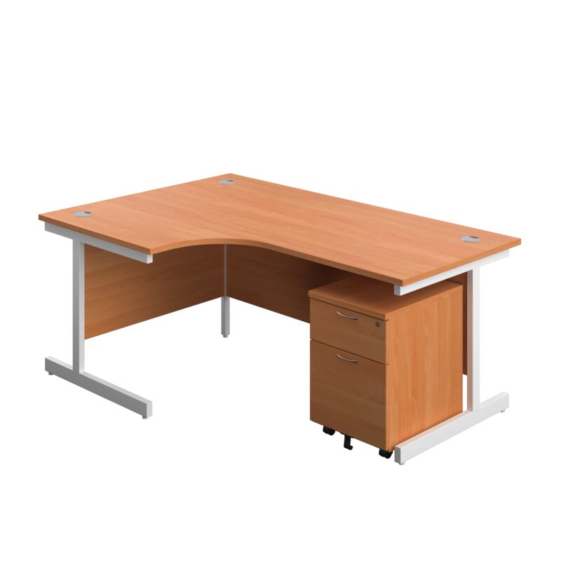 Single Upright Left Hand Radial Desk + Mobile 2 Drawer Pedestal | 1800 X 1200 | Beech/White