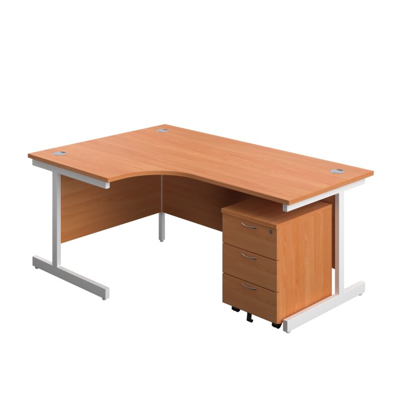 Single Upright Left Hand Radial Desk + Mobile 3 Drawer Pedestal | 1800 X 1200 | Beech/White