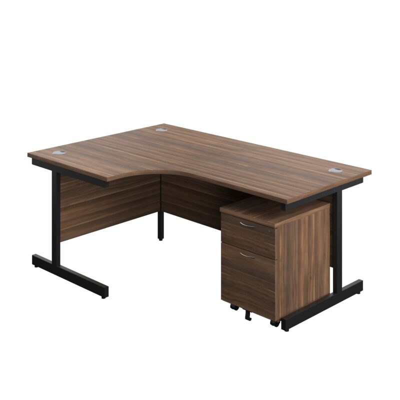 Single Upright Left Hand Radial Desk + Mobile 2 Drawer Pedestal | 1800 X 1200 | Dark Walnut/Black