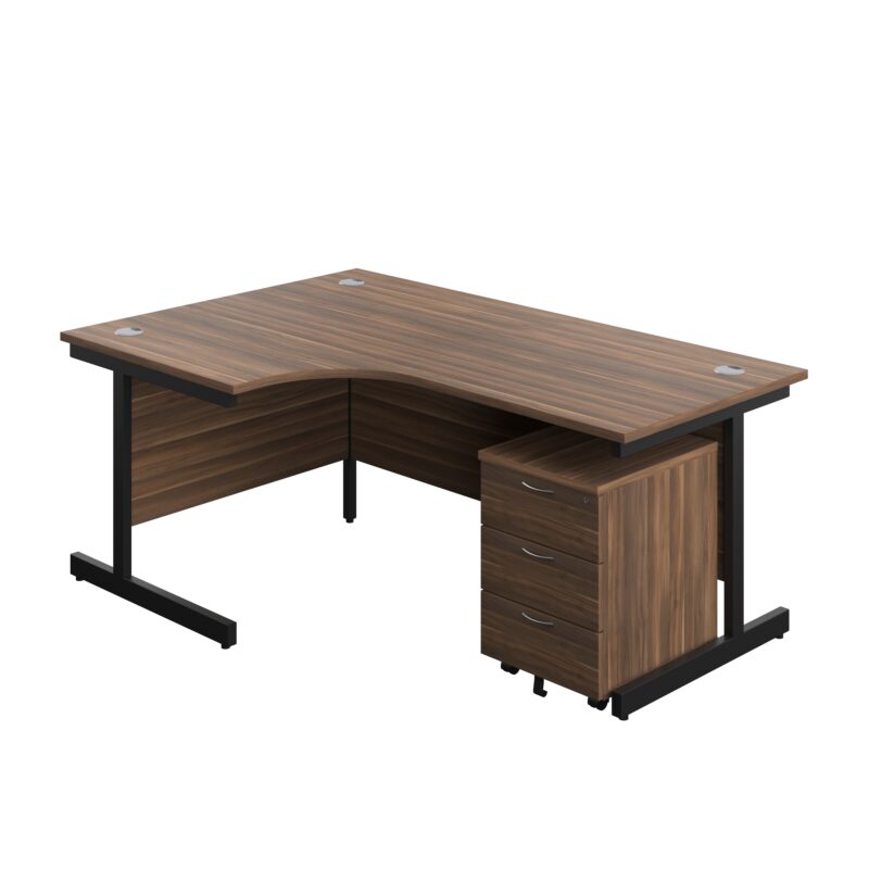 Single Upright Left Hand Radial Desk + Mobile 3 Drawer Pedestal | 1800 X 1200 | Dark Walnut/Black