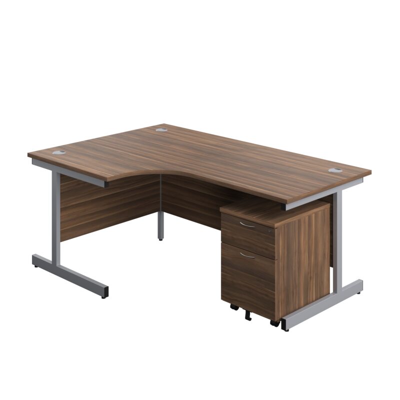 Single Upright Left Hand Radial Desk + Mobile 2 Drawer Pedestal | 1800 X 1200 | Dark Walnut/Silver