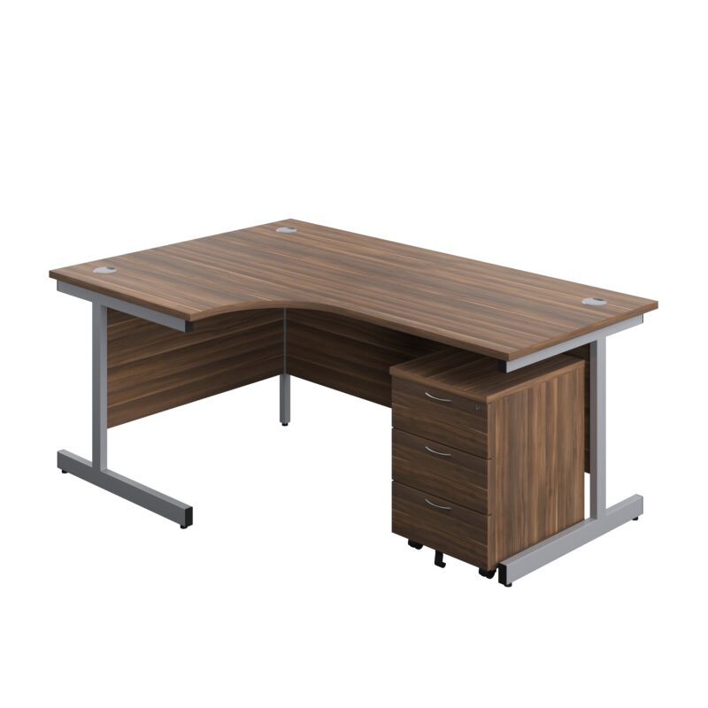 Single Upright Left Hand Radial Desk + Mobile 3 Drawer Pedestal | 1800 X 1200 | Dark Walnut/Silver