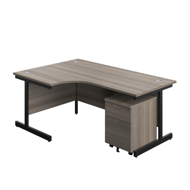 Single Upright Left Hand Radial Desk + Mobile 2 Drawer Pedestal | 1800 X 1200 | Grey Oak/Black