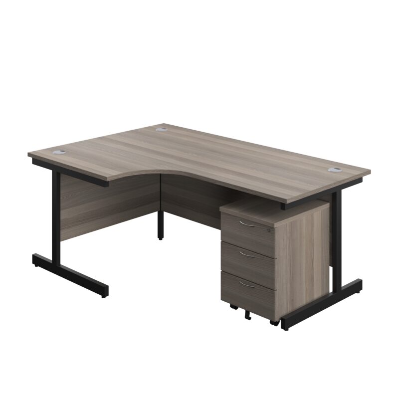 Single Upright Left Hand Radial Desk + Mobile 3 Drawer Pedestal | 1800 X 1200 | Grey Oak/Black