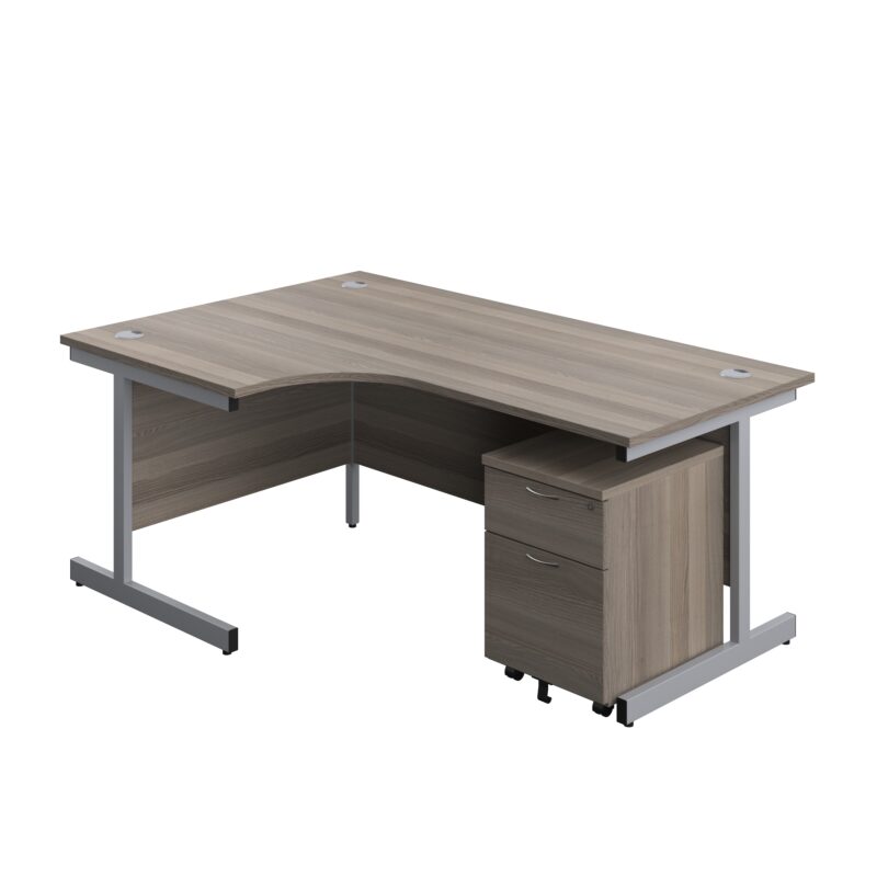 Single Upright Left Hand Radial Desk + Mobile 2 Drawer Pedestal | 1800 X 1200 | Grey Oak/Silver