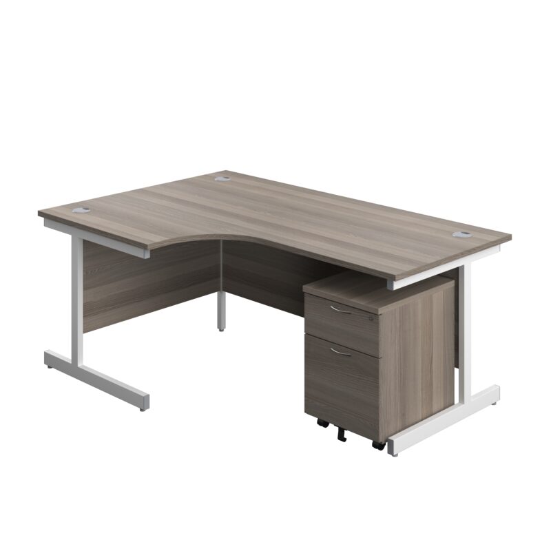 Single Upright Left Hand Radial Desk + Mobile 2 Drawer Pedestal | 1800 X 1200 | Grey Oak/White