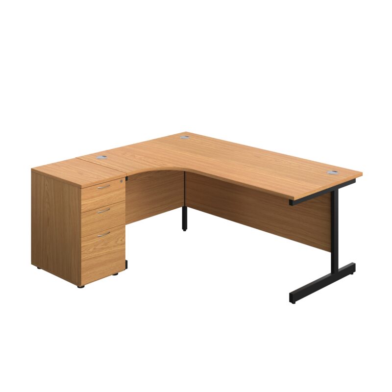 Single Upright Left Hand Radial Desk + Desk High 3 Drawer Pedestal | 1800 X 1200 | 600mm Deep Pedestal | Nova Oak/Black