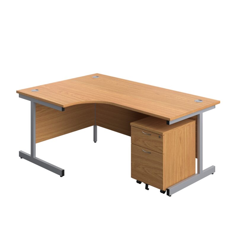 Single Upright Left Hand Radial Desk + Mobile 2 Drawer Pedestal | 1800 X 1200 | Nova Oak/Silver