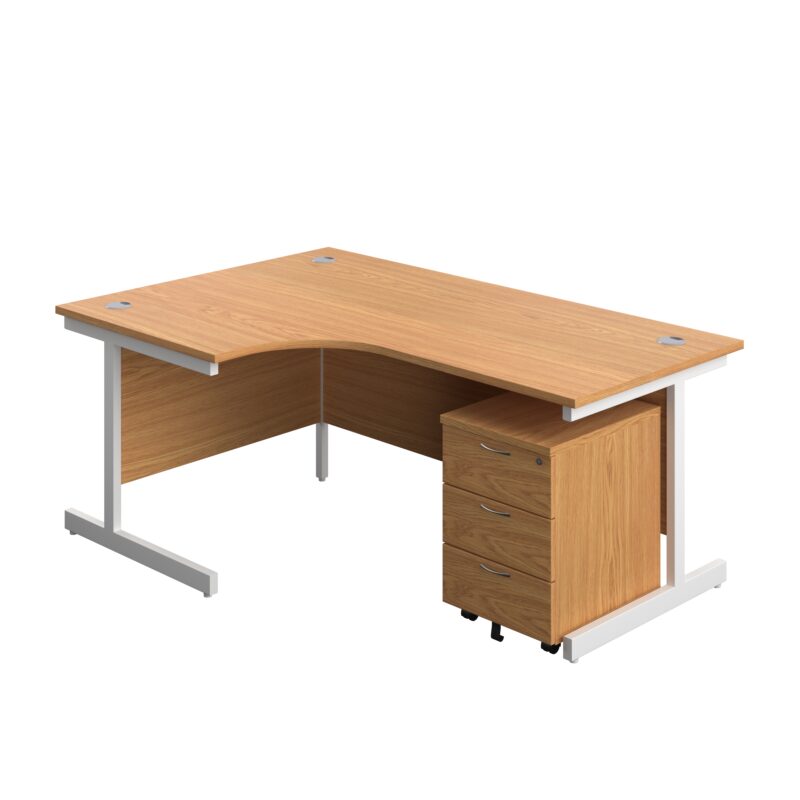 Single Upright Left Hand Radial Desk + Mobile 3 Drawer Pedestal | 1800 X 1200 | Nova Oak/White