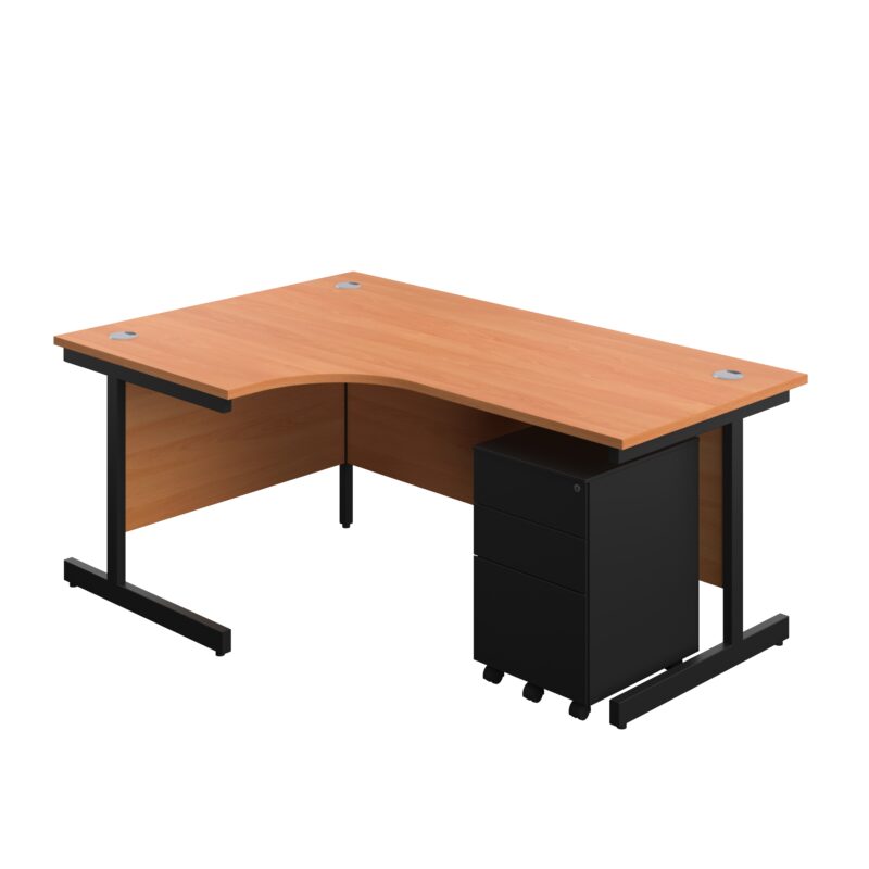 Single Upright Left Hand Radial Desk + Under Desk Steel Pedestal 3 Drawers | 1800 X 1200 | Beech/Black