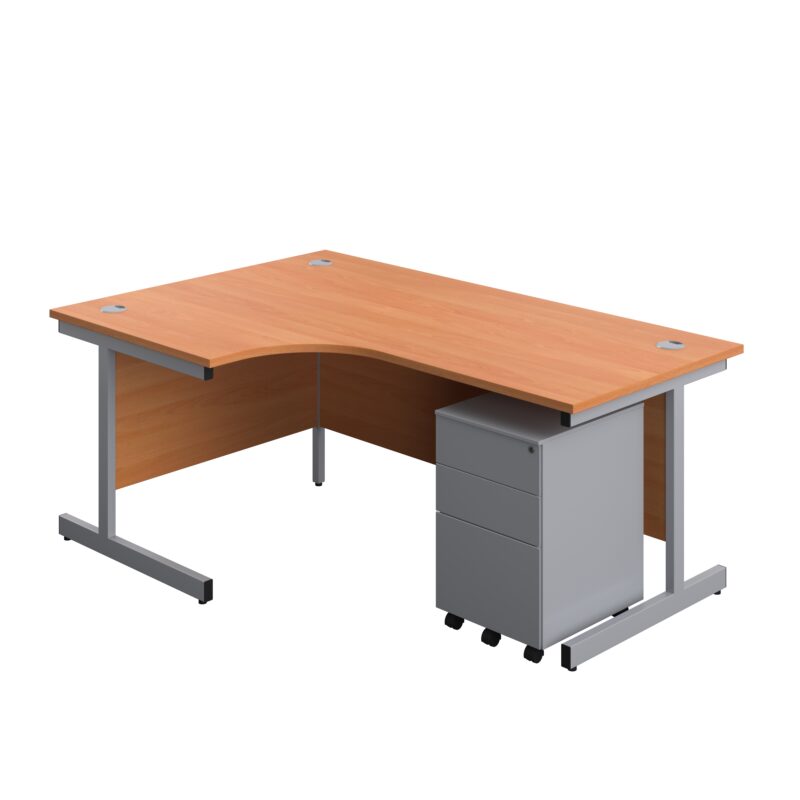 Single Upright Left Hand Radial Desk + Under Desk Steel Pedestal 3 Drawers | 1800 X 1200 | Beech/Silver