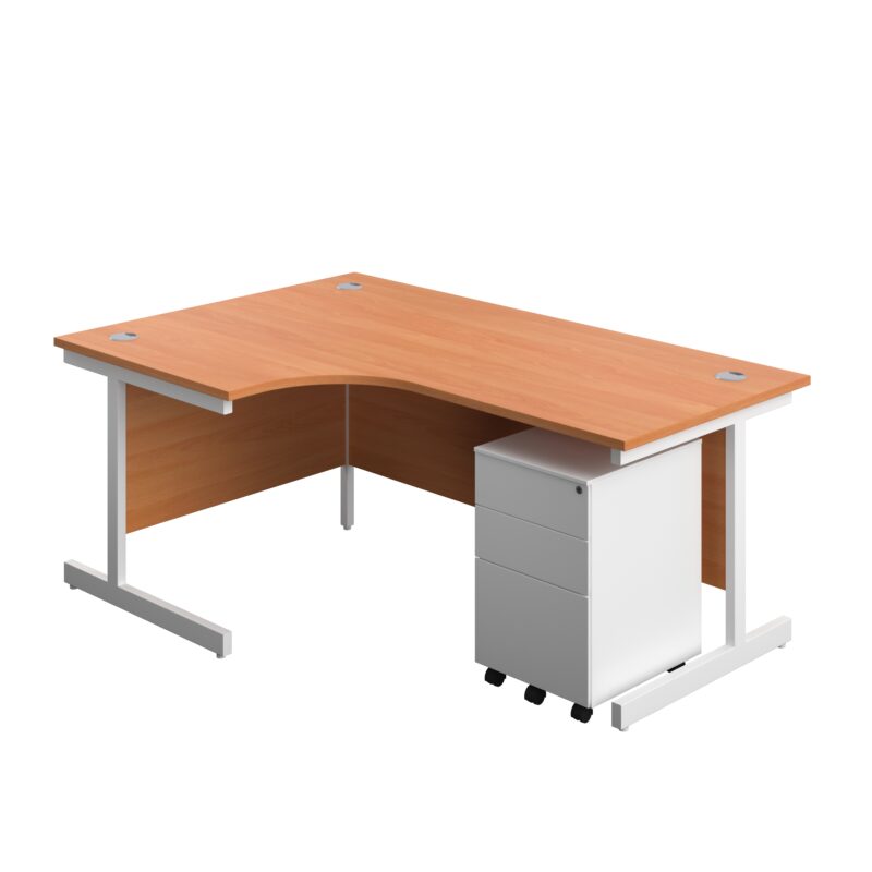 Single Upright Left Hand Radial Desk + Under Desk Steel Pedestal 3 Drawers | 1800 X 1200 | Beech/White