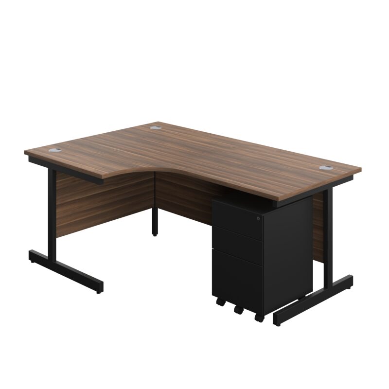 Single Upright Left Hand Radial Desk + Under Desk Steel Pedestal 3 Drawers | 1800 X 1200 | Dark Walnut/Black