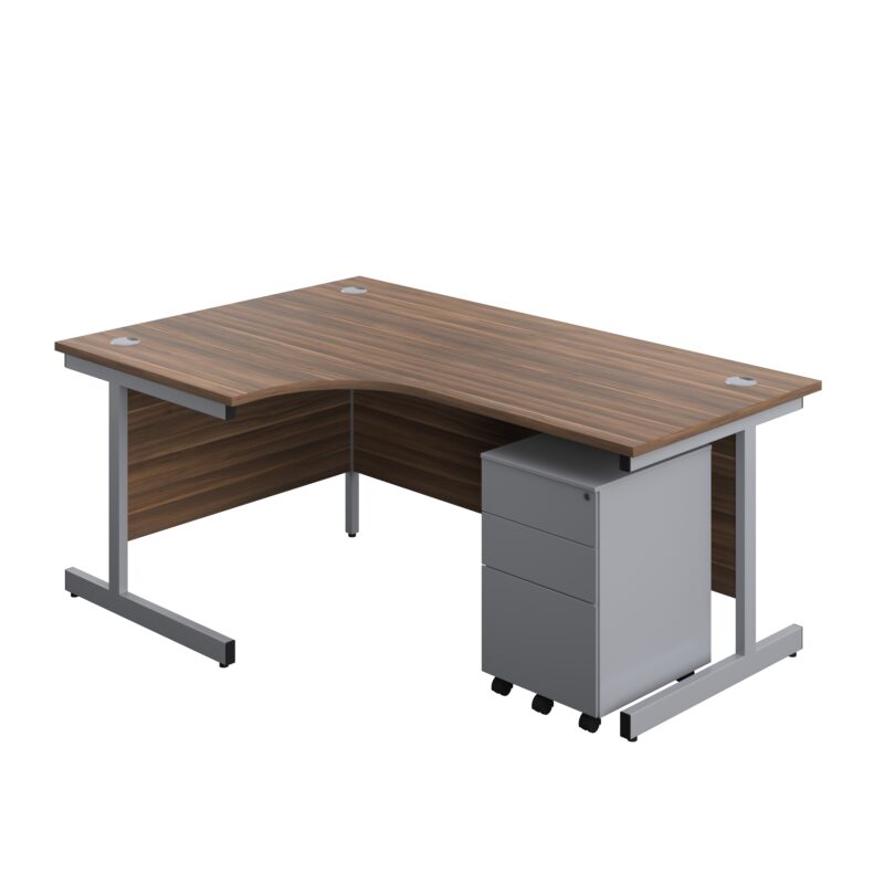 Single Upright Left Hand Radial Desk + Under Desk Steel Pedestal 3 Drawers | 1800 X 1200 | Dark Walnut/Silver