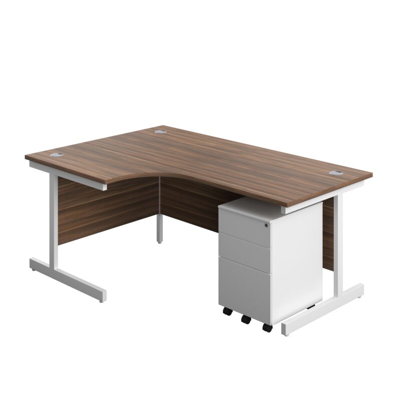 Single Upright Left Hand Radial Desk + Under Desk Steel Pedestal 3 Drawers | 1800 X 1200 | Dark Walnut/White