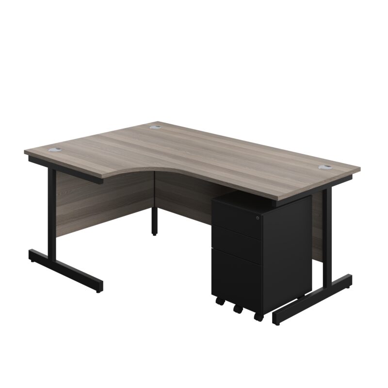 Single Upright Left Hand Radial Desk + Under Desk Steel Pedestal 3 Drawers | 1800 X 1200 | Grey Oak/Black