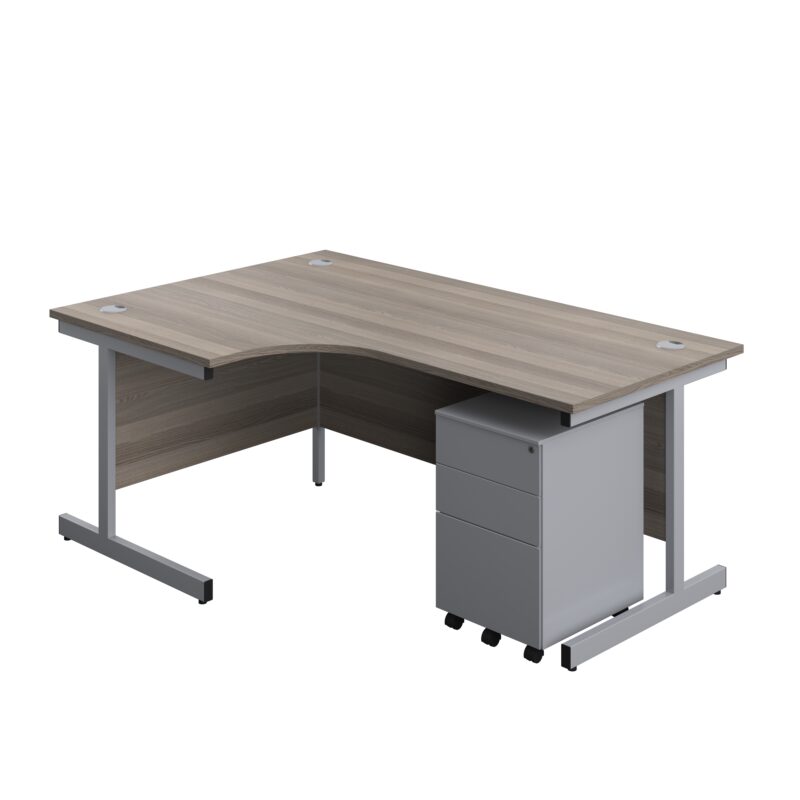 Single Upright Left Hand Radial Desk + Under Desk Steel Pedestal 3 Drawers | 1800 X 1200 | Grey Oak/Silver