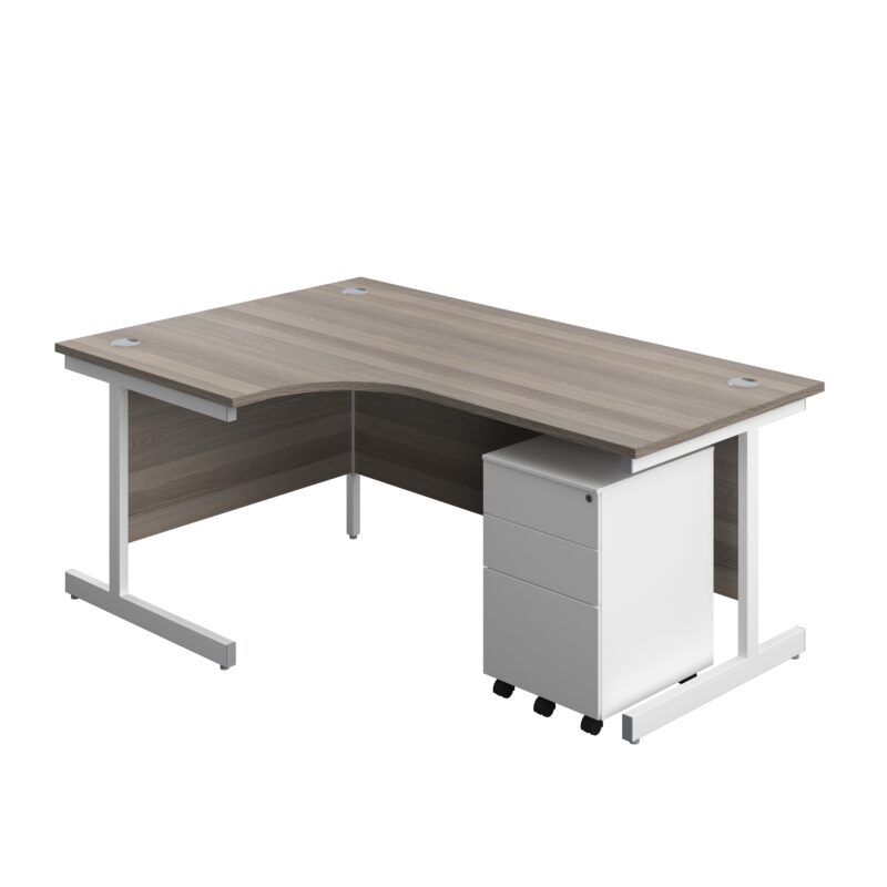 Single Upright Left Hand Radial Desk + Under Desk Steel Pedestal 3 Drawers | 1800 X 1200 | Grey Oak/White