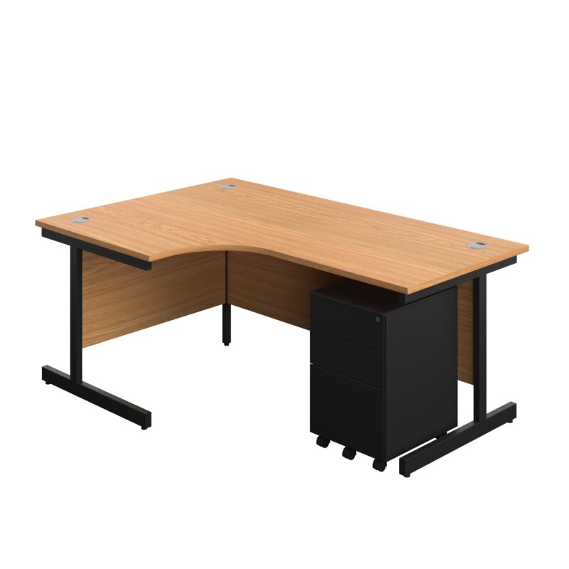 Single Upright Left Hand Radial Desk + Under Desk Steel Pedestal 3 Drawers | 1800 X 1200 | Nova Oak/Black