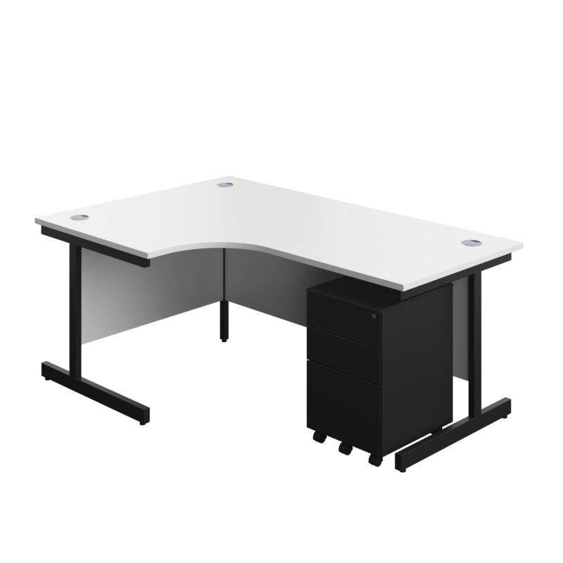 Single Upright Left Hand Radial Desk + Under Desk Steel Pedestal 3 Drawers | 1800 X 1200 | White/Black