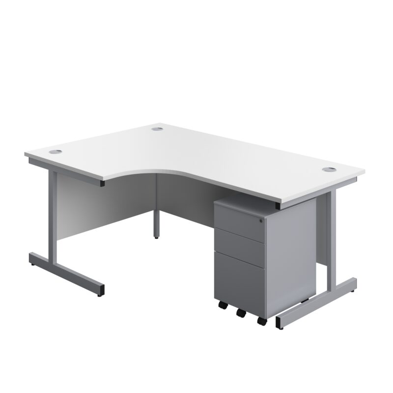 Single Upright Left Hand Radial Desk + Under Desk Steel Pedestal 3 Drawers | 1800 X 1200 | White/Silver