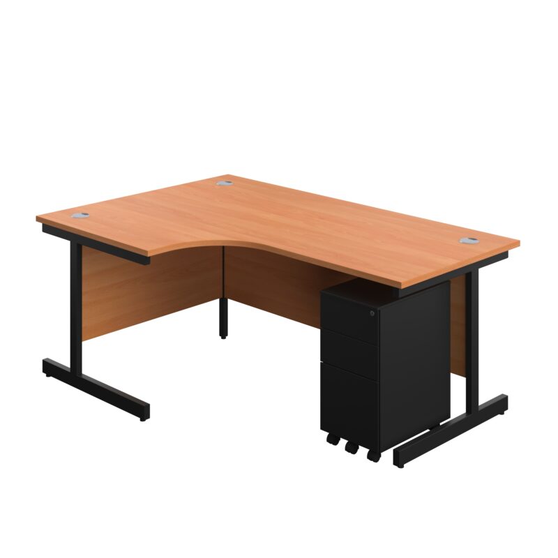 Single Upright Left Hand Radial Desk + Slimline Steel Pedestal 3 Drawers | 1800 X 1200 | Beech/Black