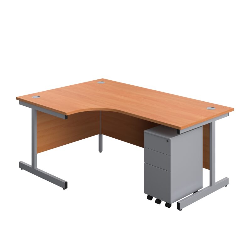 Single Upright Left Hand Radial Desk + Slimline Steel Pedestal 3 Drawers | 1800 X 1200 | Beech/Silver