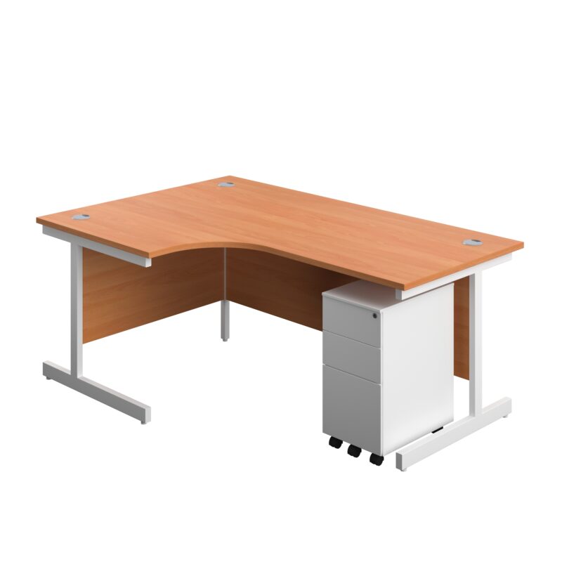 Single Upright Left Hand Radial Desk + Slimline Steel Pedestal 3 Drawers | 1800 X 1200 | Beech/White