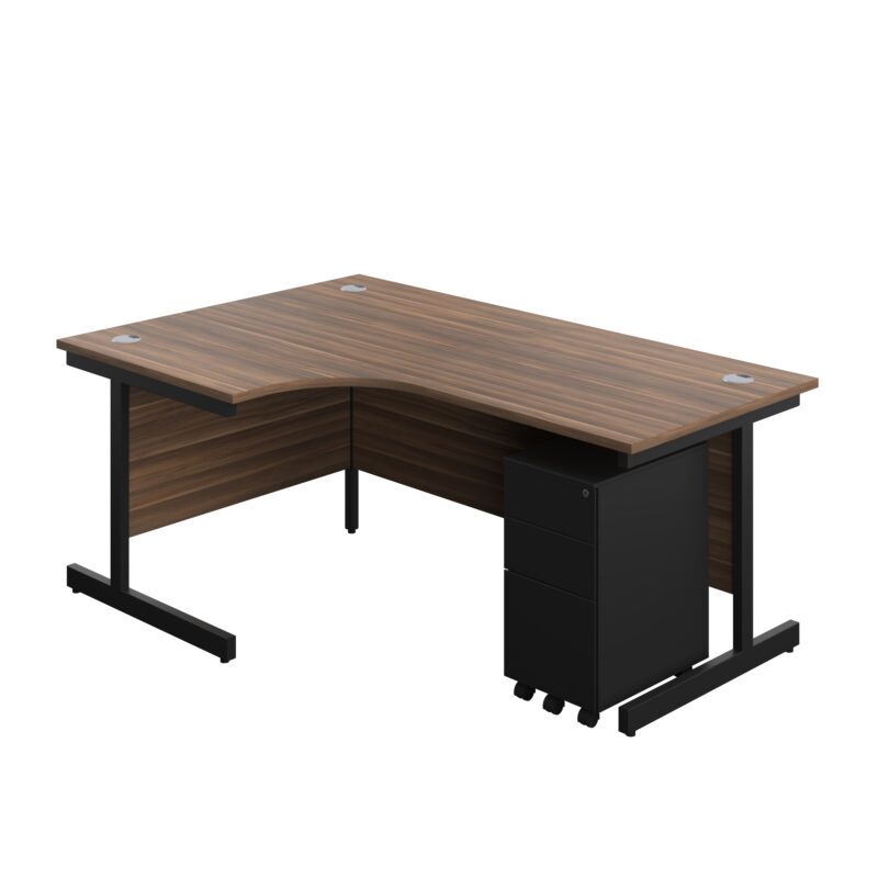 Single Upright Left Hand Radial Desk + Slimline Steel Pedestal 3 Drawers | 1800 X 1200 | Dark Walnut/Black