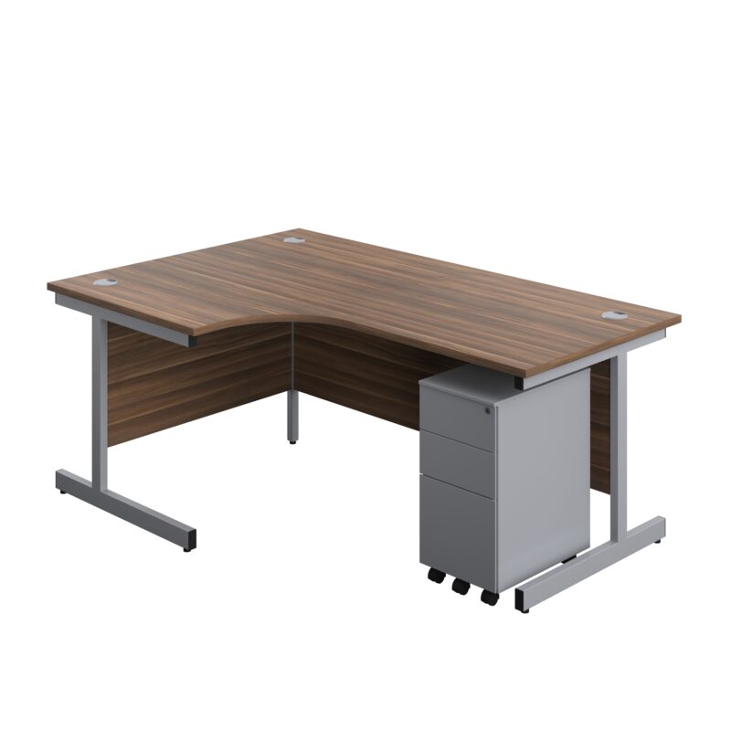 Single Upright Left Hand Radial Desk + Slimline Steel Pedestal 3 Drawers | 1800 X 1200 | Dark Walnut/Silver