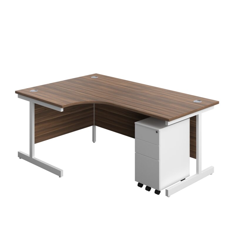 Single Upright Left Hand Radial Desk + Slimline Steel Pedestal 3 Drawers | 1800 X 1200 | Dark Walnut/White