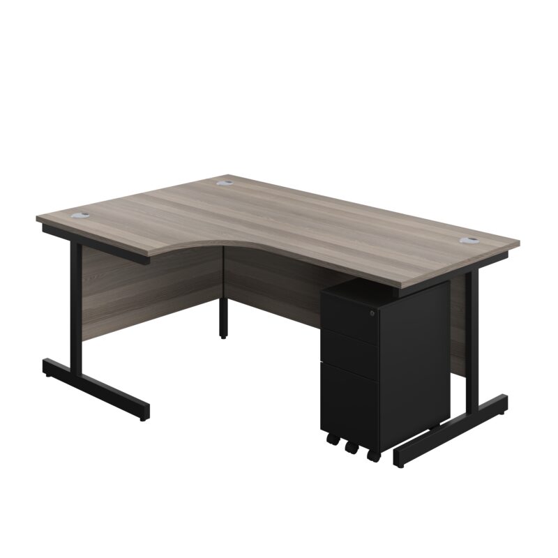 Single Upright Left Hand Radial Desk + Slimline Steel Pedestal 3 Drawers | 1800 X 1200 | Grey Oak/Black