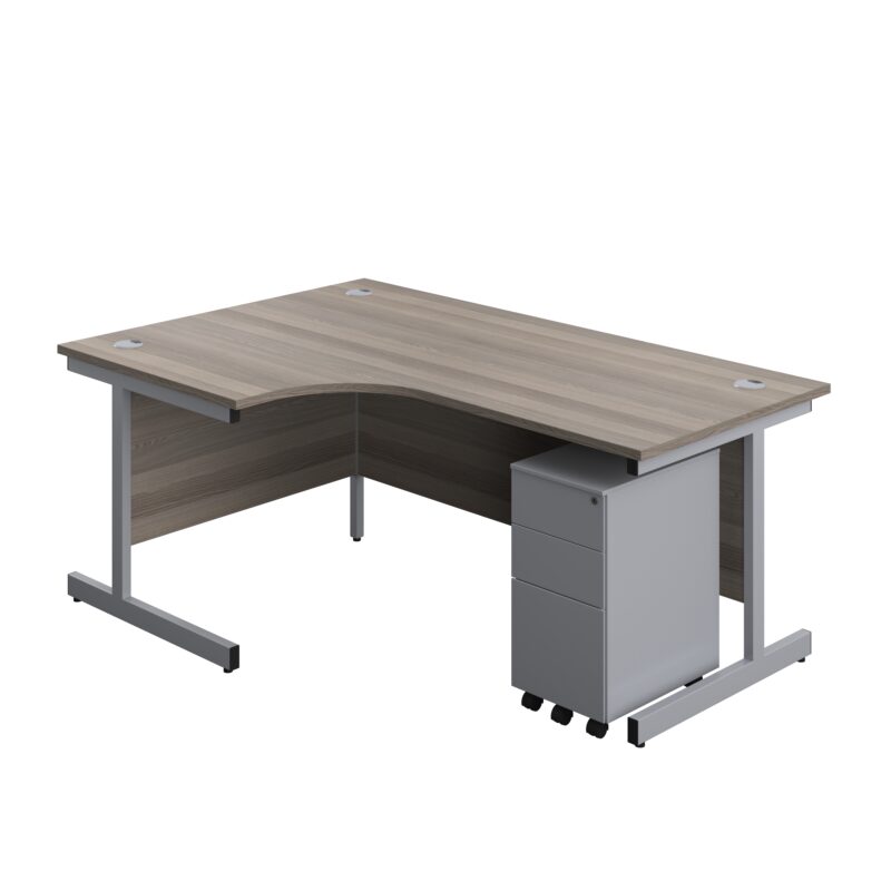 Single Upright Left Hand Radial Desk + Slimline Steel Pedestal 3 Drawers | 1800 X 1200 | Grey Oak/Silver