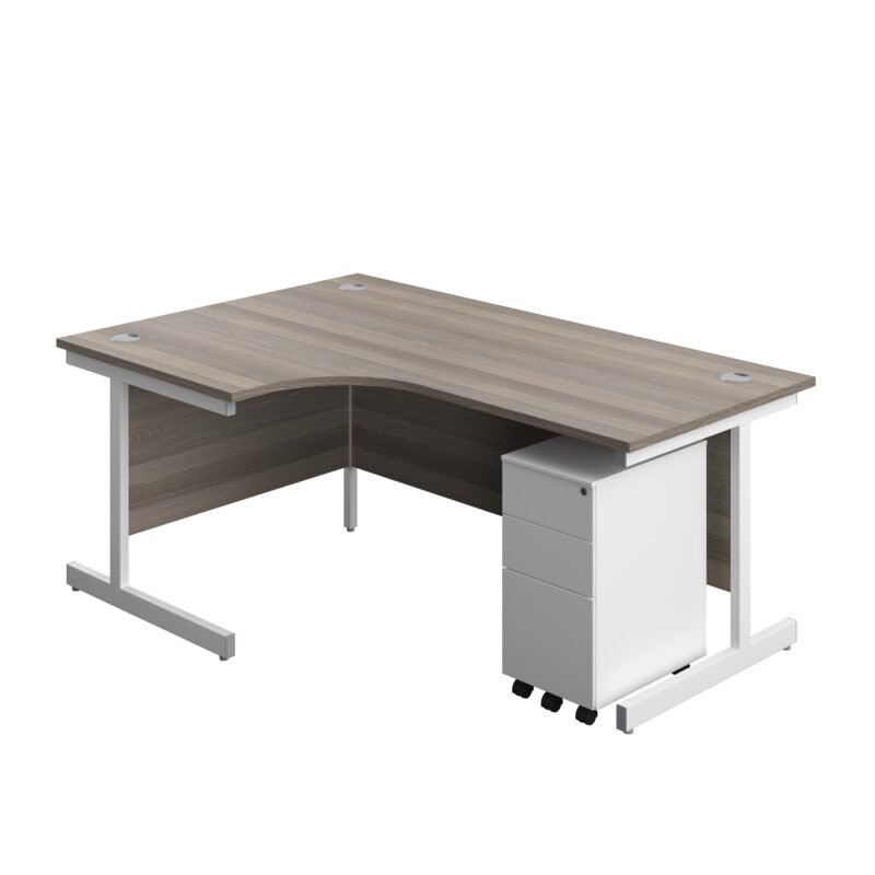 Single Upright Left Hand Radial Desk + Slimline Steel Pedestal 3 Drawers | 1800 X 1200 | Grey Oak/White