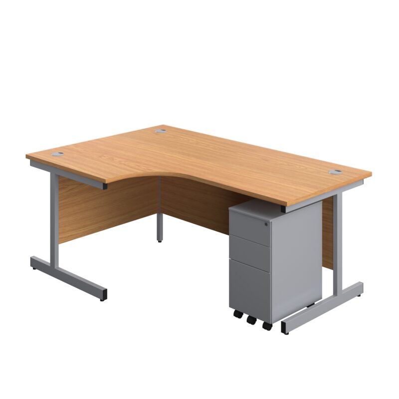 Single Upright Left Hand Radial Desk + Slimline Steel Pedestal 3 Drawers | 1800 X 1200 | Nova Oak/Silver