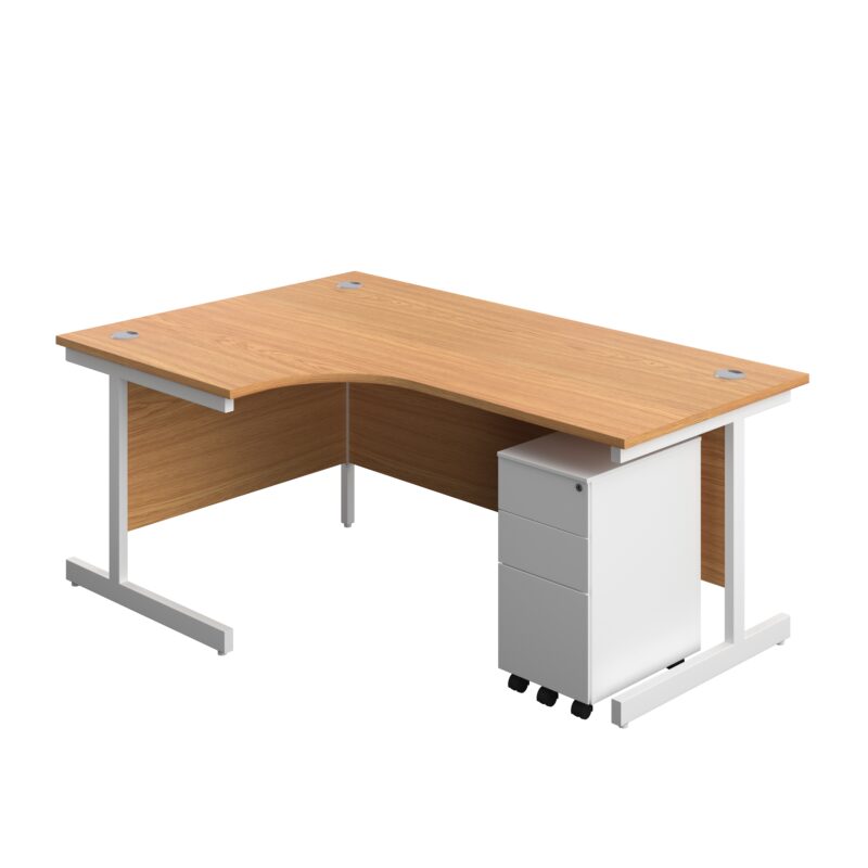 Single Upright Left Hand Radial Desk + Slimline Steel Pedestal 3 Drawers | 1800 X 1200 | Nova Oak/White