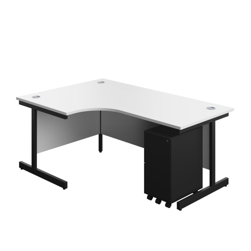 Single Upright Left Hand Radial Desk + Slimline Steel Pedestal 3 Drawers | 1800 X 1200 | White/Black