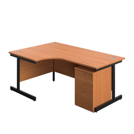 Single Upright Left Hand Radial Desk + High Mobile Pedestal 3 Drawer | 1800 X 1200 | Beech/Black