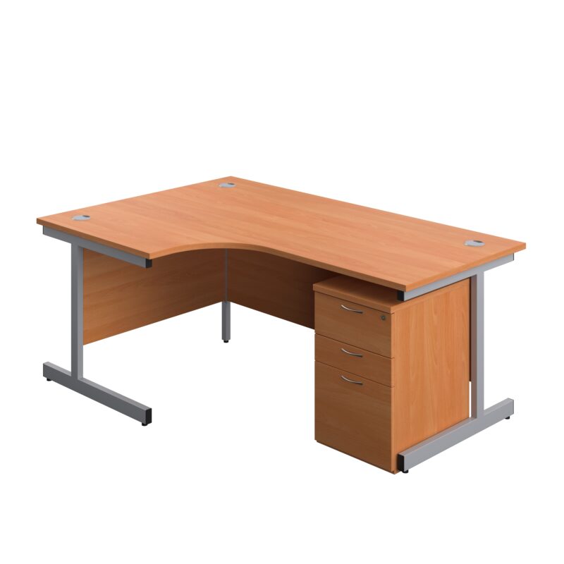 Single Upright Left Hand Radial Desk + High Mobile Pedestal 3 Drawer | 1800 X 1200 | Beech/Silver