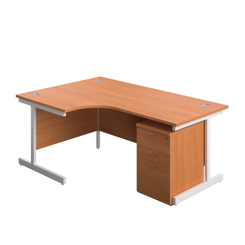 Single Upright Left Hand Radial Desk + High Mobile Pedestal 3 Drawer | 1800 X 1200 | Beech/White