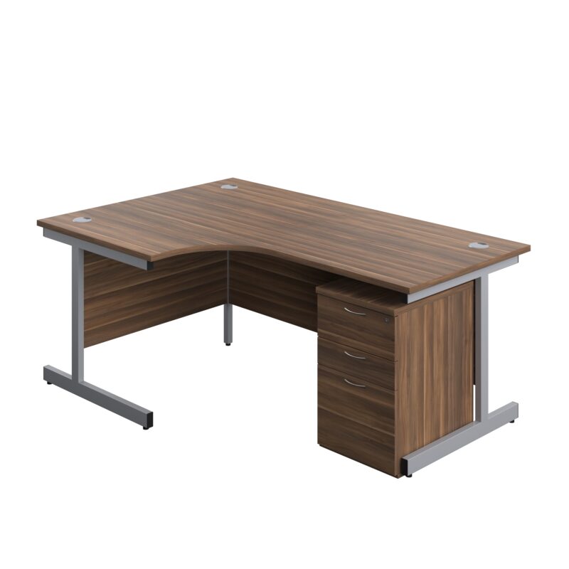 Single Upright Left Hand Radial Desk + High Mobile Pedestal 3 Drawer | 1800 X 1200 | Dark Walnut/Silver