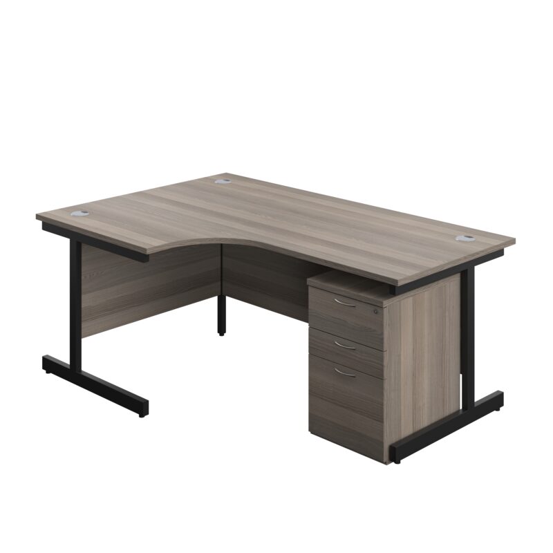 Single Upright Left Hand Radial Desk + High Mobile Pedestal 3 Drawer | 1800 X 1200 | Grey Oak/Black