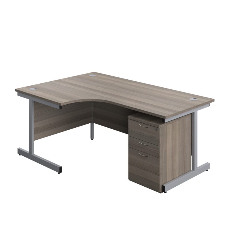 Single Upright Left Hand Radial Desk + High Mobile Pedestal 3 Drawer | 1800 X 1200 | Grey Oak/Silver