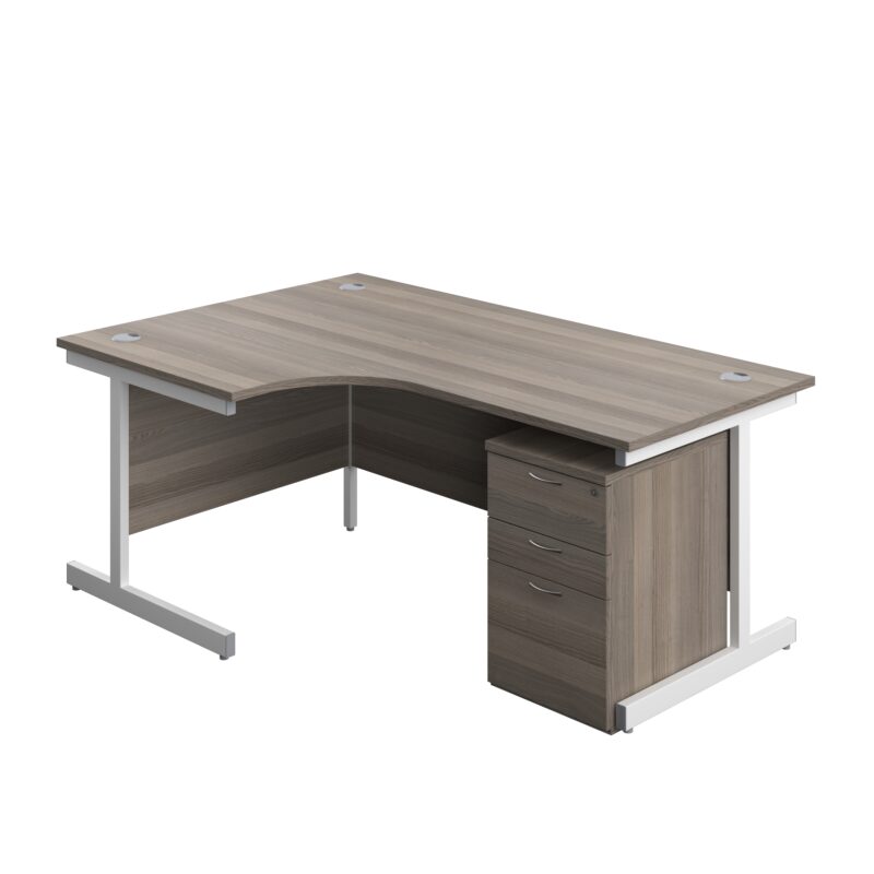 Single Upright Left Hand Radial Desk + High Mobile Pedestal 3 Drawer | 1800 X 1200 | Grey Oak/White