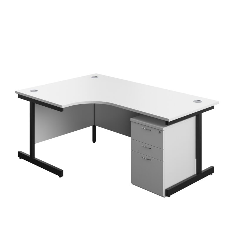 Single Upright Left Hand Radial Desk + High Mobile Pedestal 3 Drawer | 1800 X 1200 | White/Black