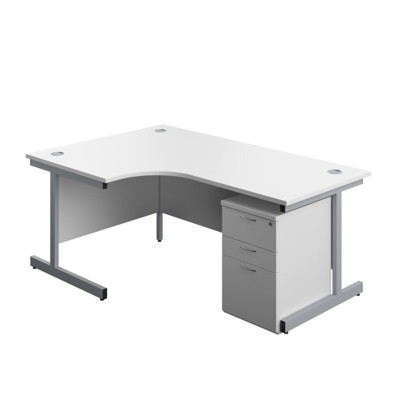 Single Upright Left Hand Radial Desk + High Mobile Pedestal 3 Drawer | 1800 X 1200 | White/Silver