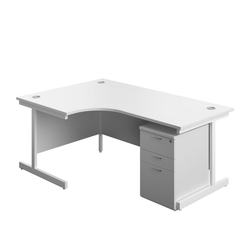 Single Upright Left Hand Radial Desk + High Mobile Pedestal 3 Drawer | 1800 X 1200 | White/White