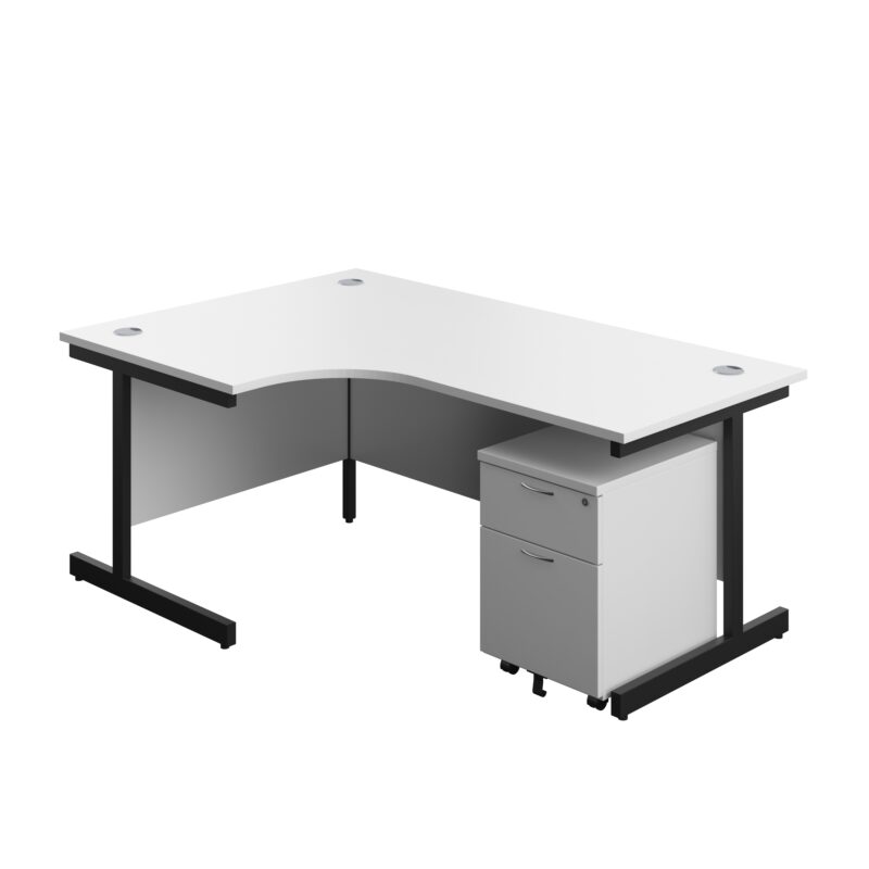 Single Upright Left Hand Radial Desk + Mobile 2 Drawer Pedestal | 1800 X 1200 | White/Black