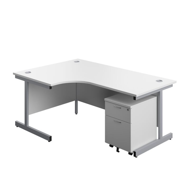 Single Upright Left Hand Radial Desk + Mobile 2 Drawer Pedestal | 1800 X 1200 | White/Silver