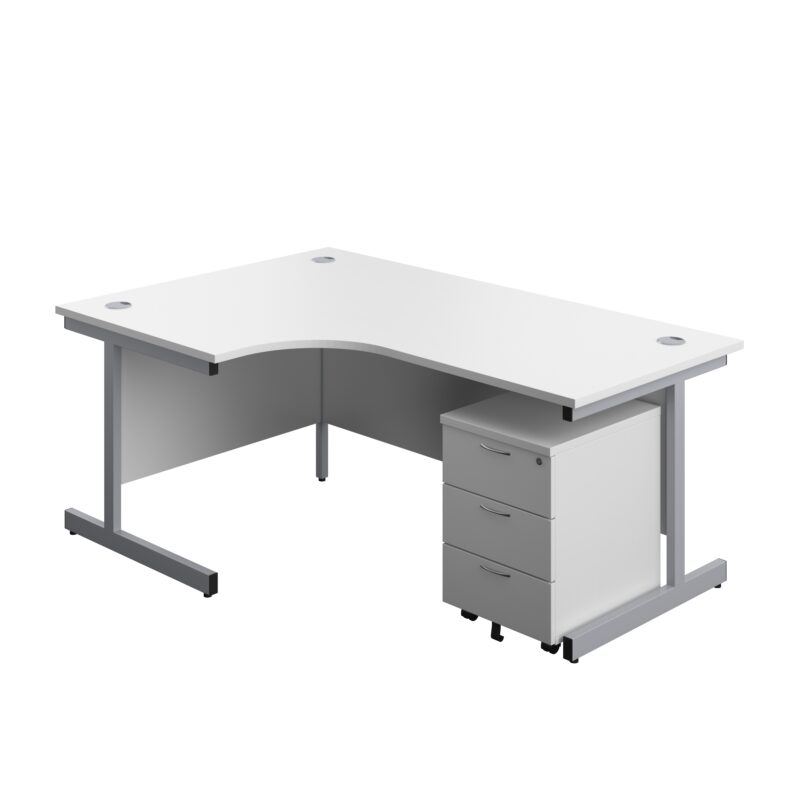 Single Upright Left Hand Radial Desk + Mobile 3 Drawer Pedestal | 1800 X 1200 | White/Silver